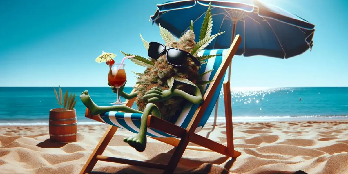 Grafik einer Cannabisblüte mit Sonnenbrille am Strand