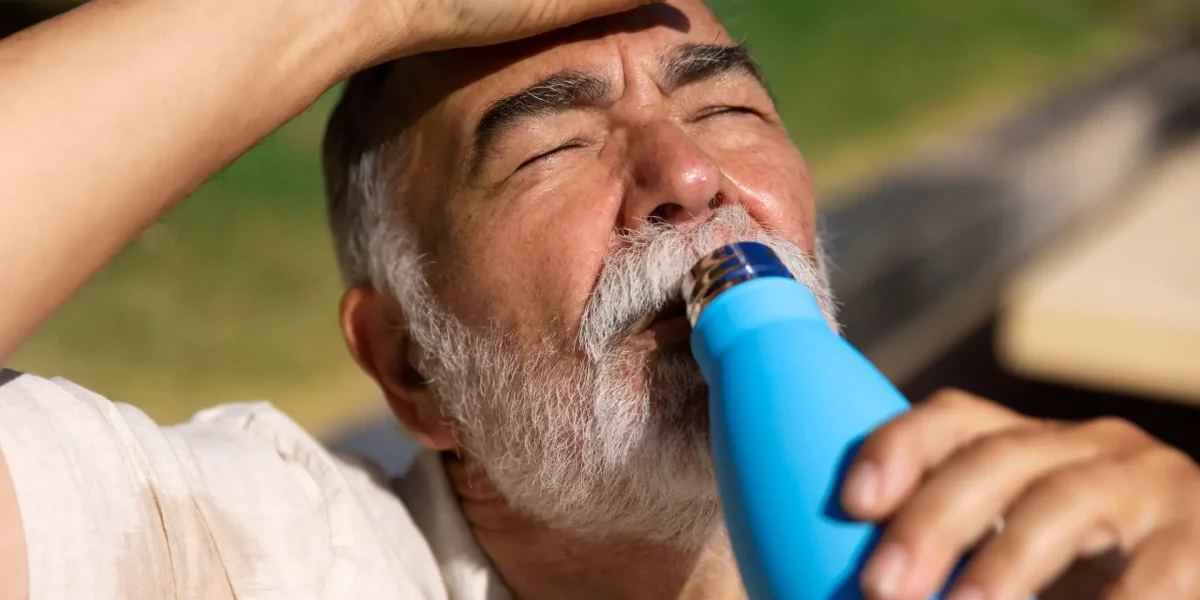 Älterer Mann mit Trinkflasche in der Sommerhitze