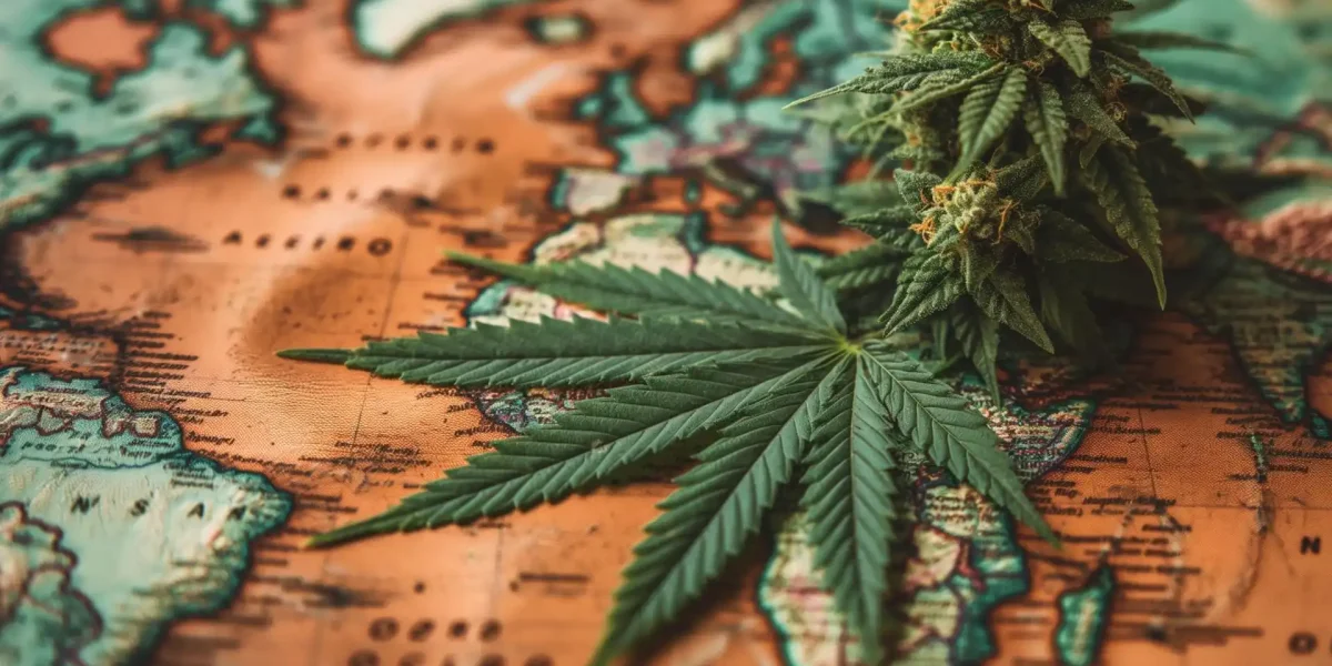 Weltkarte mit Cannabispflanze auf ihr