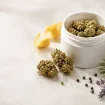Medizinische Cannabisblüten mit Zitronenschale, Lavendel, Pfeffer und Kiefernnadeln als Beispiele für verschiedene Terpenaromen.
