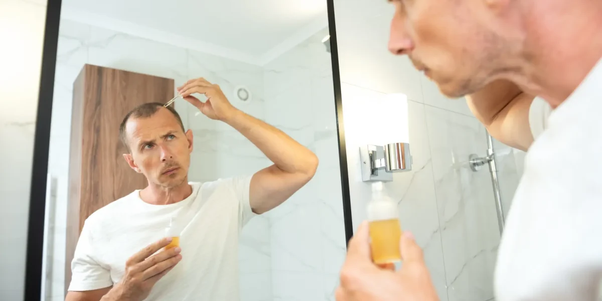Mann nimmt Minoxidil vor dem Badezimmerspiegel