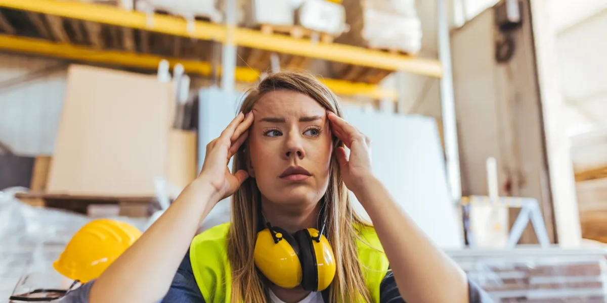 Arbeiterin mit Schutzweste und Gehörschutz ist gestresst