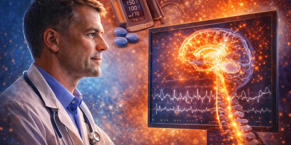 KI erstelltes Bild von Arzt, der einen Hirnscan am Computer untersucht