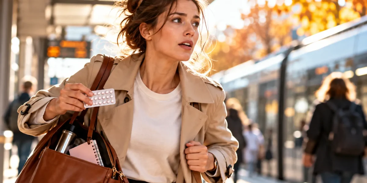 Frau eilt an einem Herbstmorgen mit einer Pillenpackung in der Hand zur Bahn.