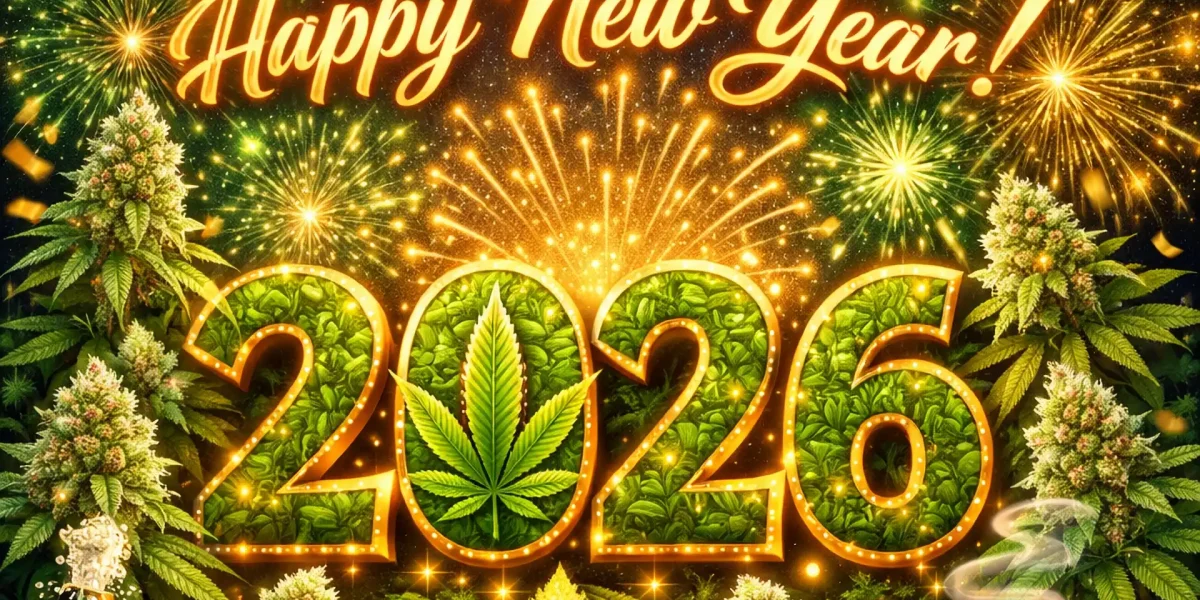 Grafik Happy New Year 2026 mit Cannabis