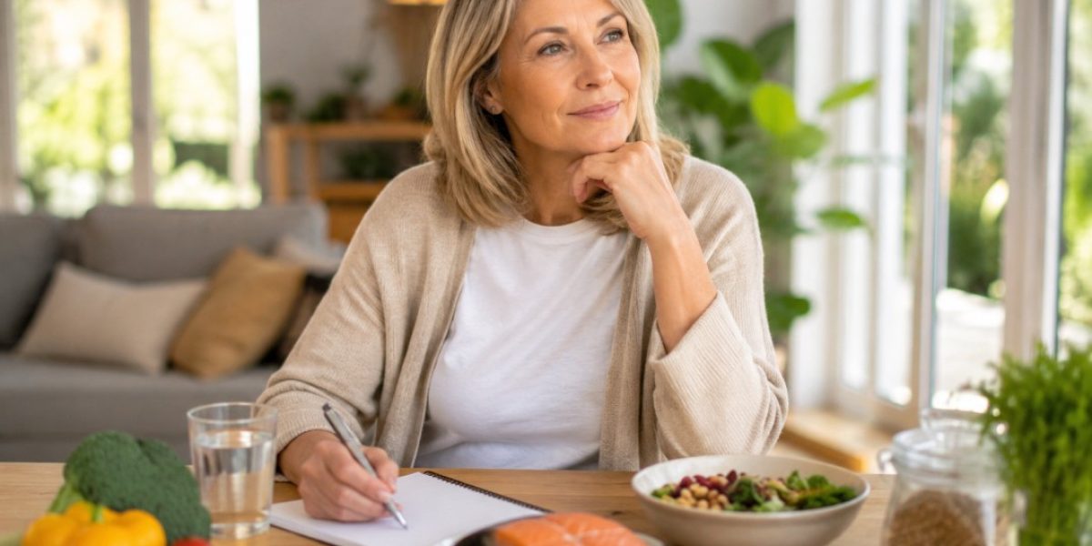emme de 50 ans devant un repas équilibré, illustrant les difficultés de perte de poids après 50 ans