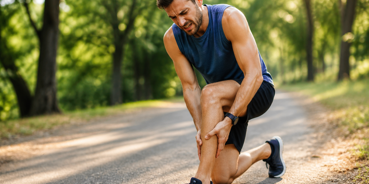 Coureur s’arrêtant en raison d’une douleur musculaire à la jambe lors d’un entraînement en extérieur