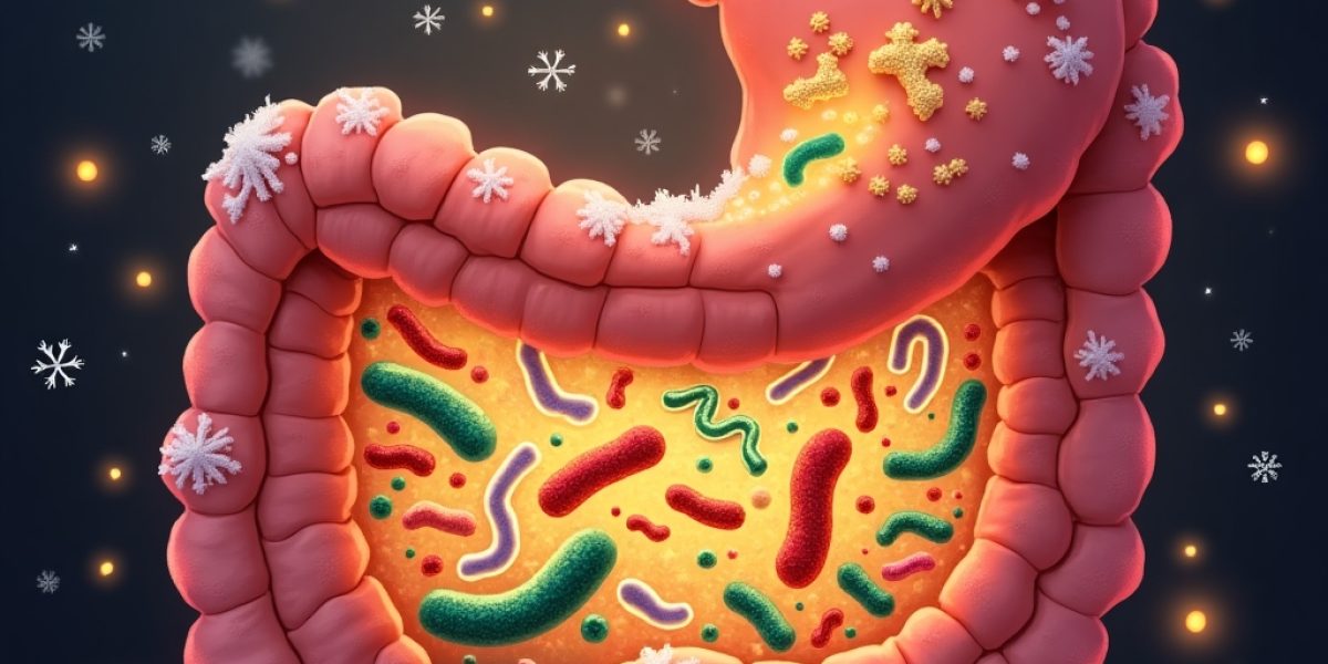 Illustration d’un intestin stylisé rempli de bactéries colorées avec des flocons de neige, représentant le microbiome en hiver.