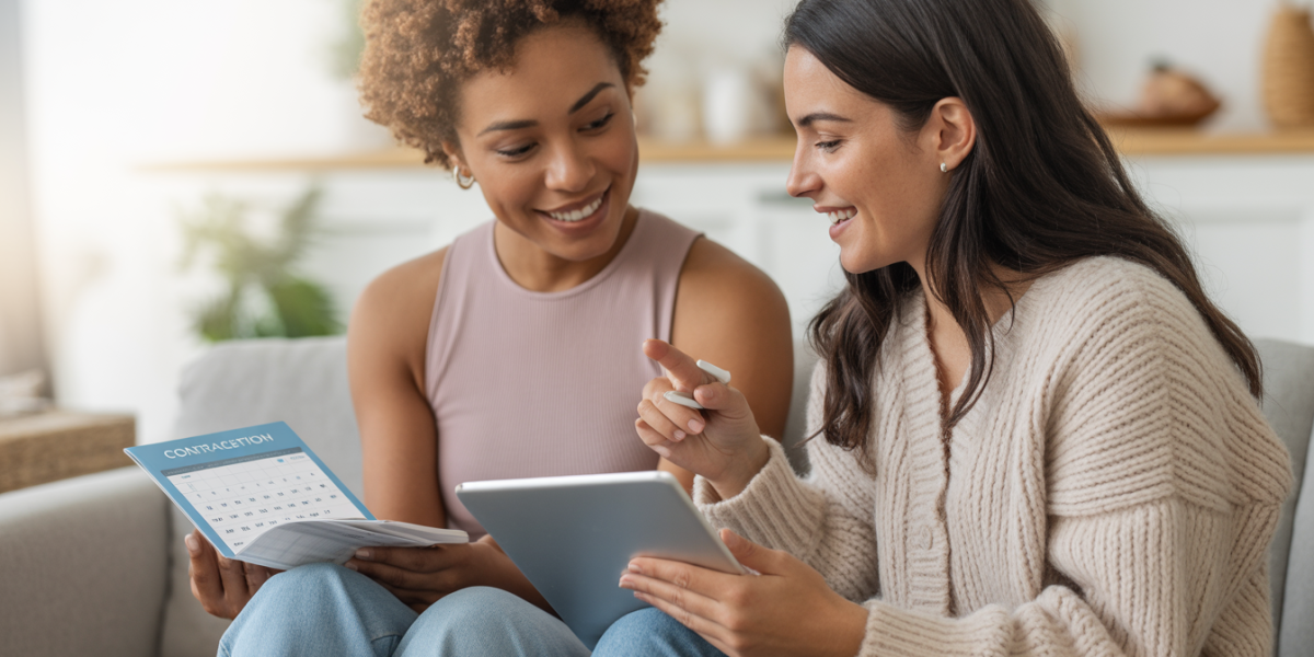 Deux femmes discutant des méthodes contraceptives sur une tablette dans un intérieur lumineux et chaleureux, article sur la contraception 2026.