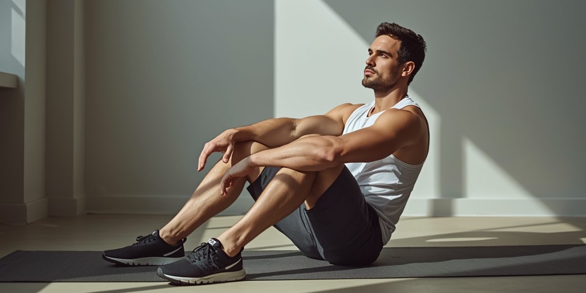 Homme adulte se reposant après un entraînement intense, concentré sur sa récupération et son bien-être masculin.