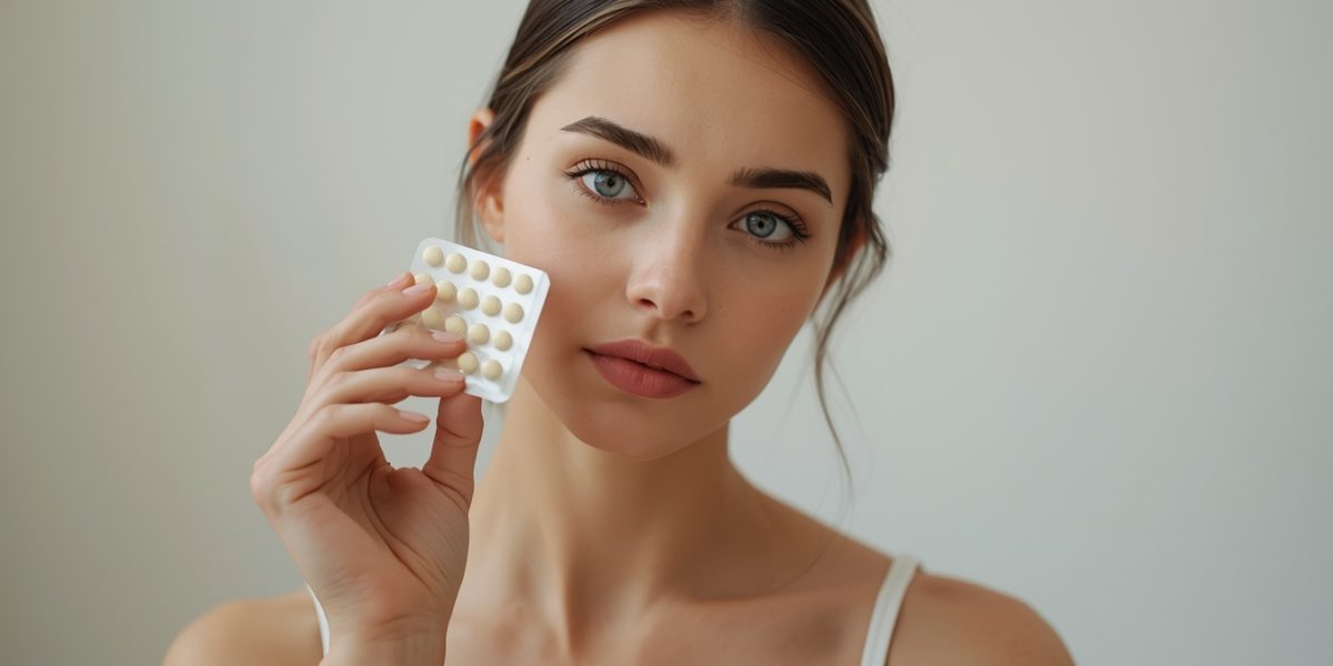 Jeune femme tenant une plaquette de pilules contraceptives, mains et buste visibles, photo réaliste.
