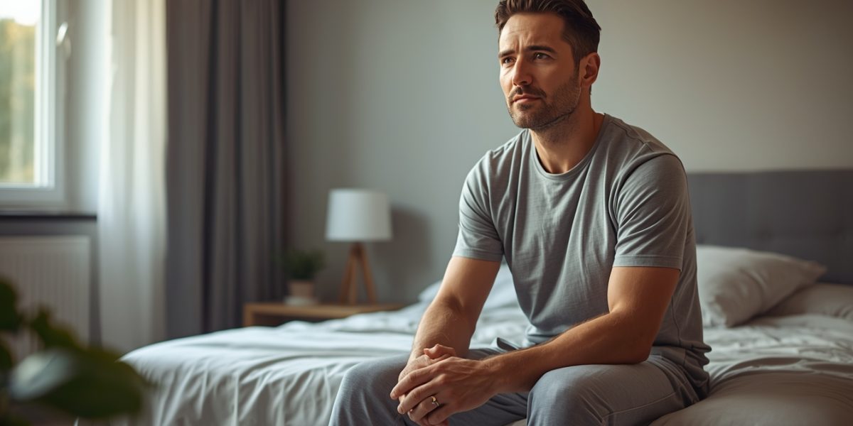 Homme assis sur le bord d’un lit dans une chambre lumineuse, l’air pensif, illustrant le stress et la réflexion liés à l’éjaculation précoce.