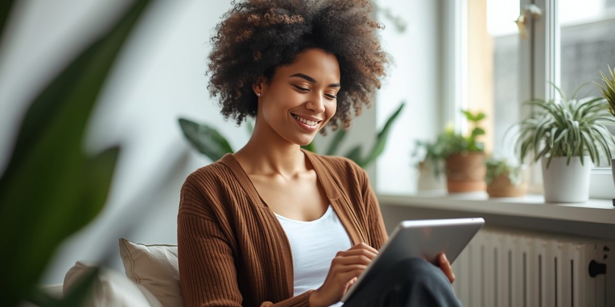 Femme souriante lisant des conseils santé sur une tablette dans un intérieur lumineux et calme, symbolisant le bien-être féminin.