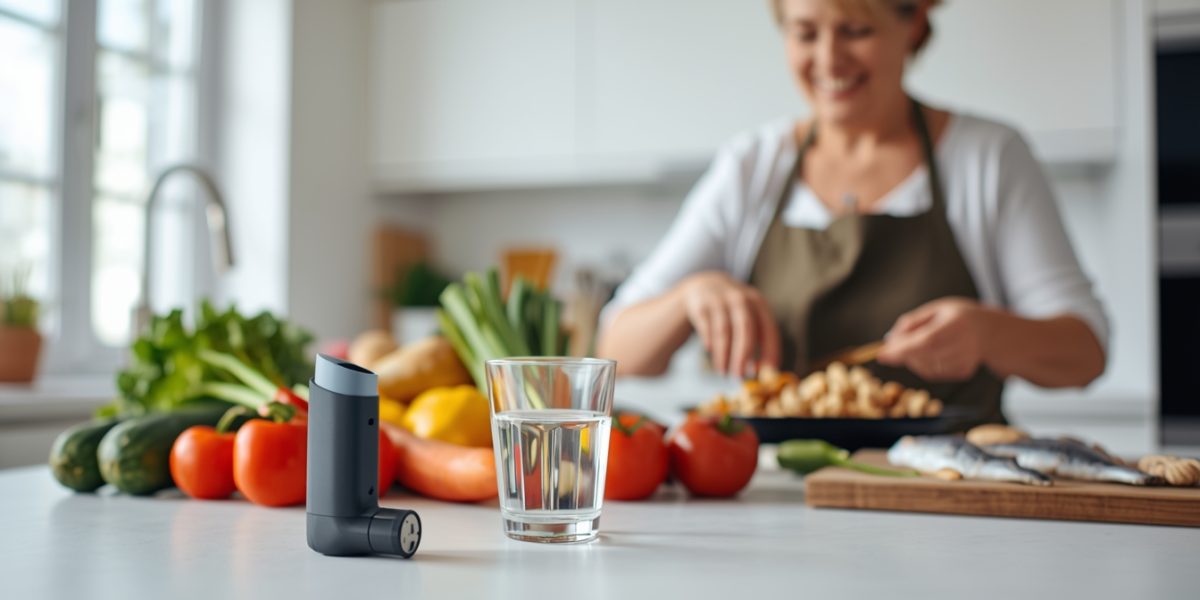 Femme préparant un repas sain avec légumes, fruits et poissons dans une cuisine lumineuse, avec un inhalateur pour l’asthme visible sur le plan de travail.