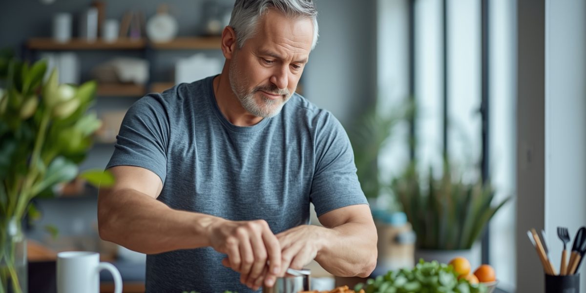 Homme adulte en bonne santé préparant un repas équilibré, illustrant le maintien naturel de la testostérone et la santé masculine.