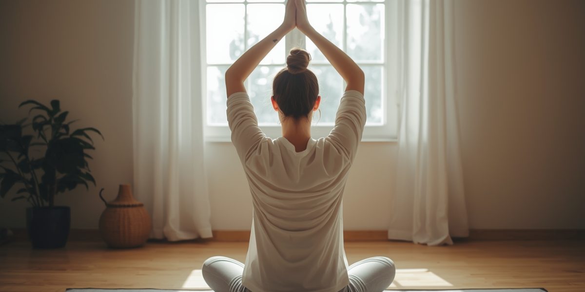 Personne en mouvement doux, étirements légers dans un espace lumineux et calme, attentive aux sensations de son corps pour retrouver confort et bien-être.