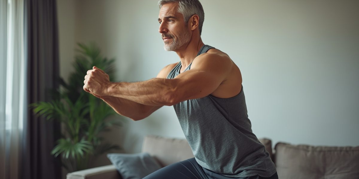 Homme de 45-55 ans faisant des exercices légers à domicile, portant des vêtements de sport décontractés, illustrant la santé et la vitalité masculine.