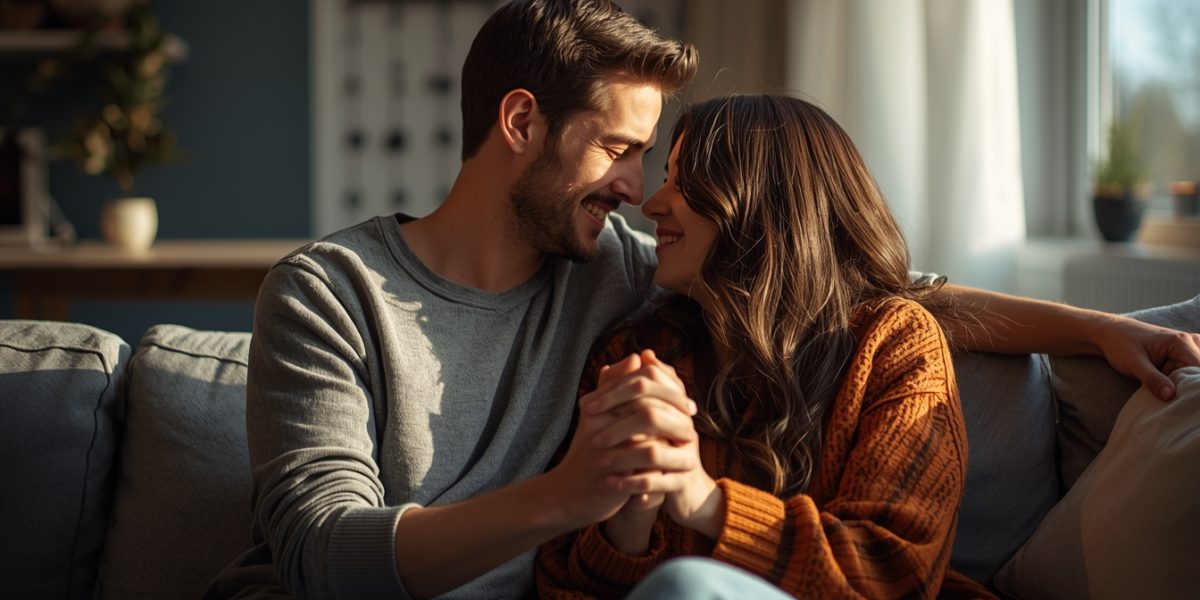 Couple partageant un moment tendre à la maison, illustrant le langage de l’amour et la connexion émotionnelle