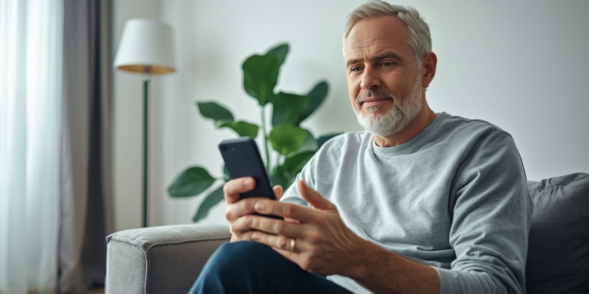 Homme d’âge moyen utilisant une application de santé sur smartphone chez lui, illustrant la prévention et le suivi de la santé masculine