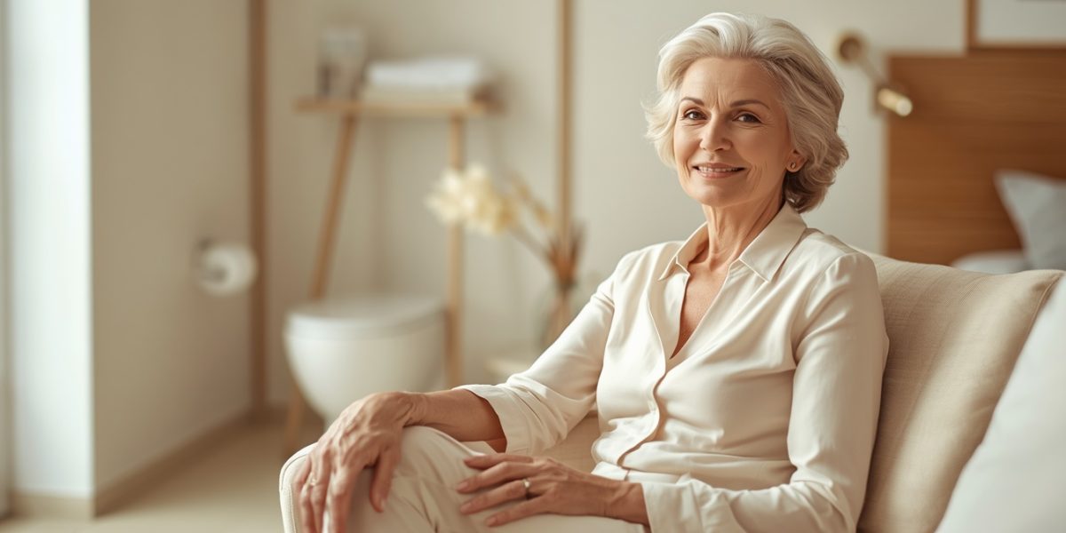 Femme mature dans un intérieur lumineux, illustrant la santé urinaire après la ménopause