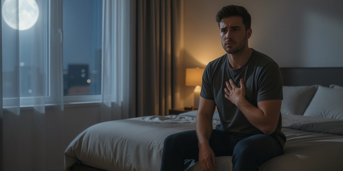 Jeune homme réveillé la nuit, assis sur son lit, après des symptômes d’asthme