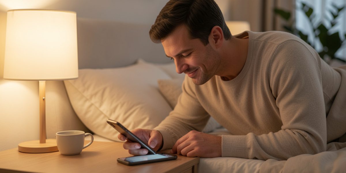 Homme allongé sur son lit regardant son smartphone avant de dormir