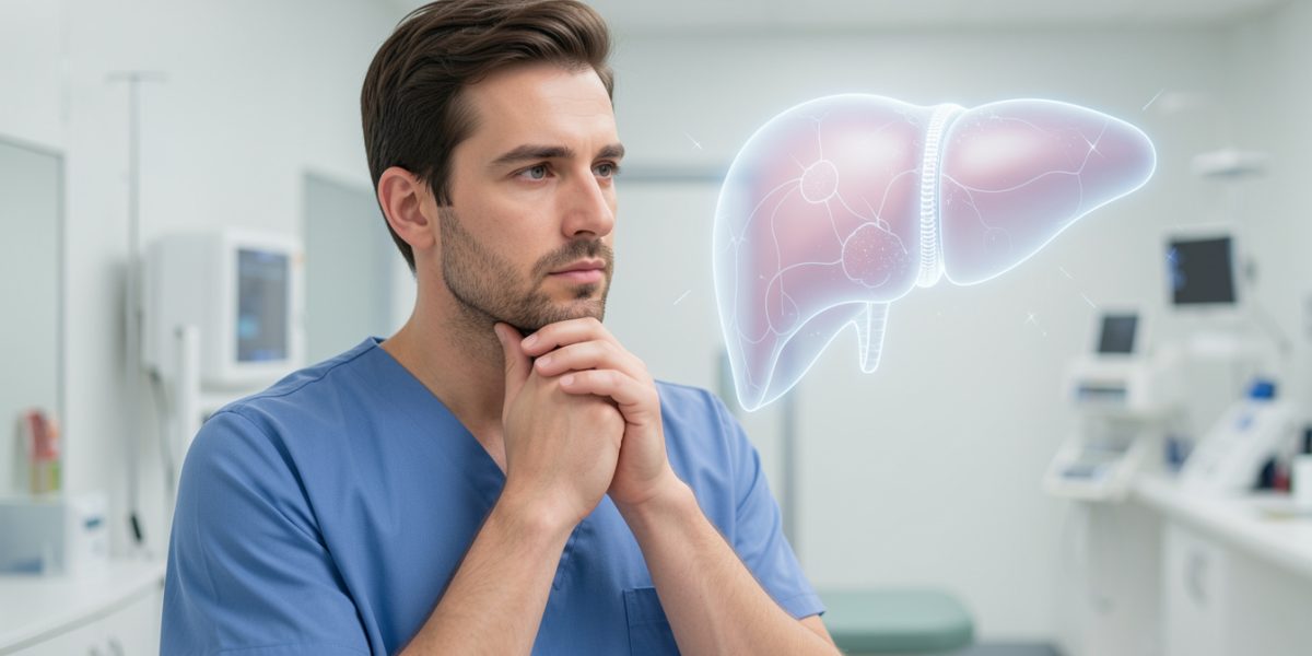 Homme réfléchissant avec une illustration médicale du foie