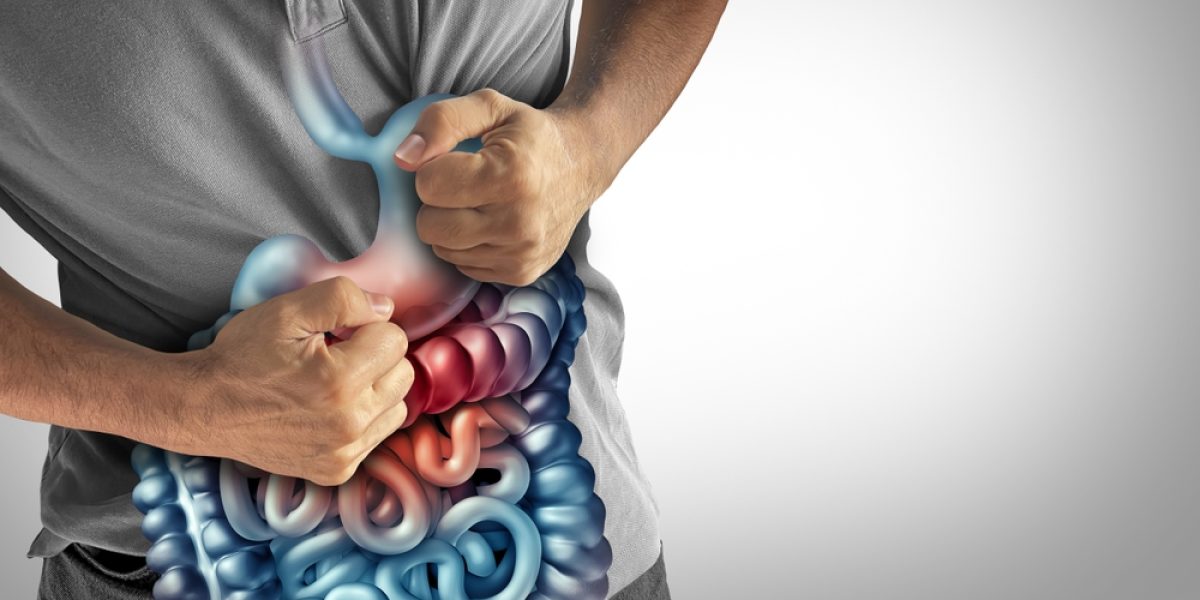 Illustration 3D d’un homme souffrant de troubles de la digestion, avec une mise en évidence des intestins et des symptômes du syndrome du côlon irritable.